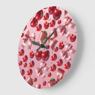 Grande Horloge Ronde Cœur Coquet Motif Cerise à Ruban