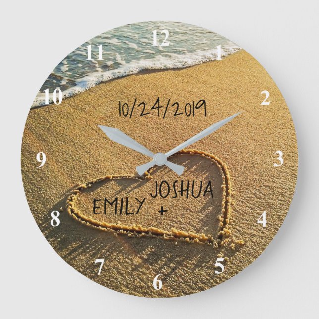 Grande Horloge Ronde Cœur dans le sable, plage, rivage, vue tropicale s (Recto)