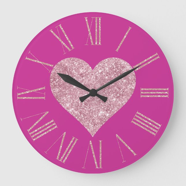 Grande Horloge Ronde Coeur de Parties scintillant rose sur Fuchsia (Recto)
