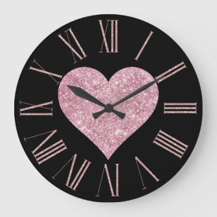 Grande Horloge Ronde Coeur de Parties scintillant rose sur noir