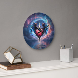 Grande Horloge Ronde Cœur Flamboyant de la Lune – Amour Cosmique Gothiq