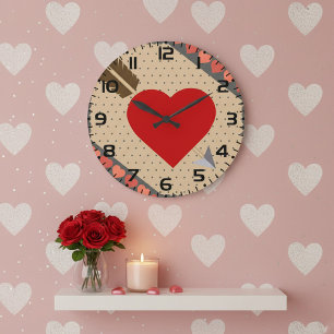 Grande Horloge Ronde Coeur mignon avec flèche Romantique Valentines Mot
