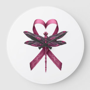 Grande Horloge Ronde Cœur Mignon Cancer Sein Libellules Sensibilisation