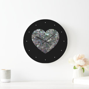 Grande Horloge Ronde Cœur pailleté mosaïque argenté scintillant