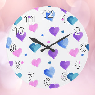 Grande Horloge Ronde Coeurs Aquarelle Points Rose Bleu Violet