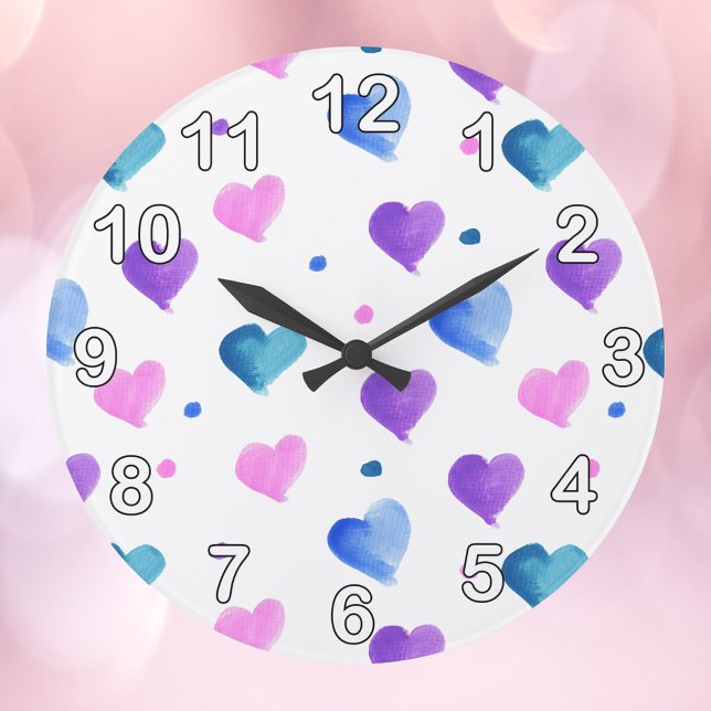 Grande Horloge Ronde Coeurs Aquarelle Points Rose Bleu Violet (A clock with watercolor hearts and polka dots in pink, blue and purple.)