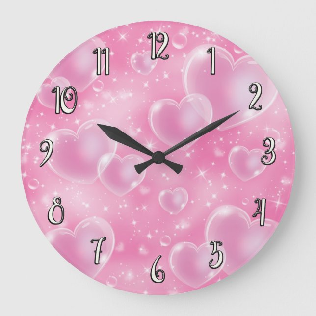 Grande Horloge Ronde Cœurs Bulles Roses Style Fille Mignon 90's (Recto)