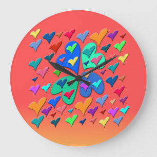 Grande Horloge Ronde Coeurs colorés
