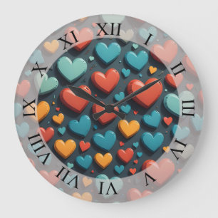 Grande Horloge Ronde Cœurs colorés, art de la Saint-Valentin