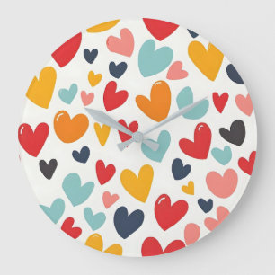 Grande Horloge Ronde Cœurs colorés mignons gribouillés romantiques