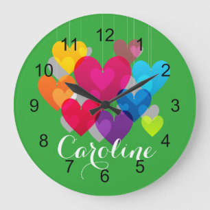 Grande Horloge Ronde Cœurs Colorés Monogrammés