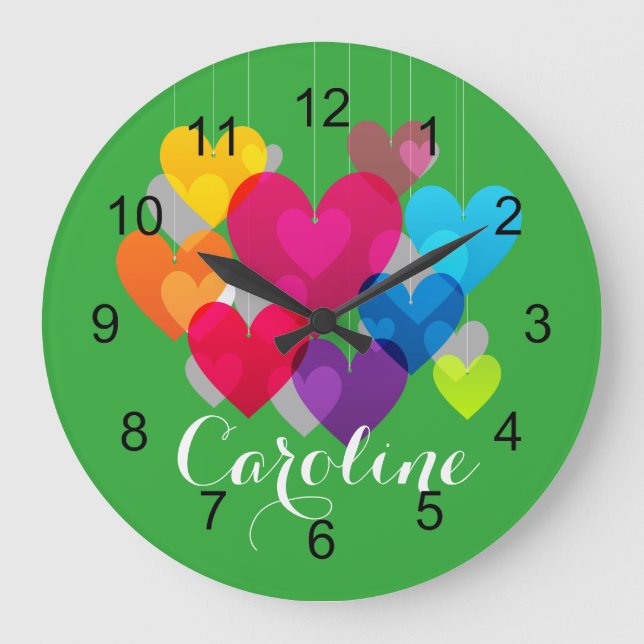 Grande Horloge Ronde Cœurs Colorés Monogrammés (Recto)
