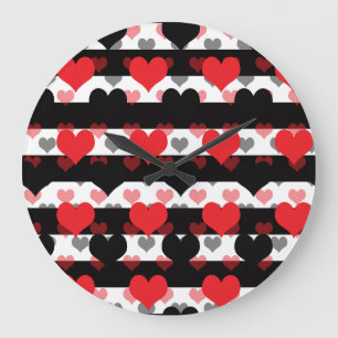 Grande Horloge Ronde Coeurs d'Amour Noir Rouge Avec Blancs Noir