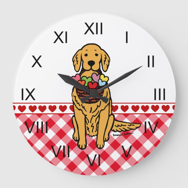Grande Horloge Ronde Coeurs de bande dessinée de golden retriever (Recto)