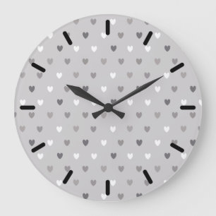 Grande Horloge Ronde Coeurs de polka minuscules dans les tons gris