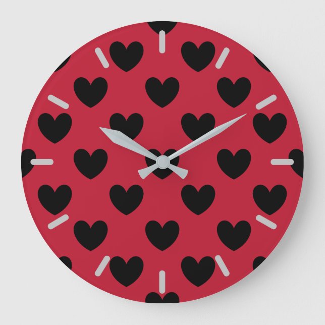 Grande Horloge Ronde Coeurs de polka noir sur rouge (Recto)