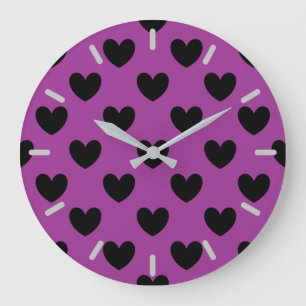 Grande Horloge Ronde Coeurs de polka noir sur violet