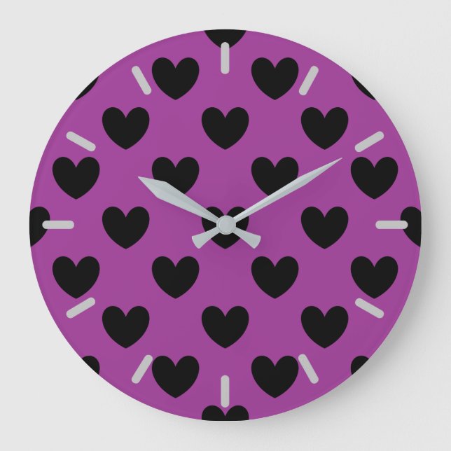 Grande Horloge Ronde Coeurs de polka noir sur violet (Recto)