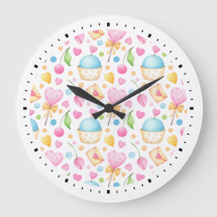 Grande Horloge Ronde Coeurs et amour délicieux Motif d'aquarelle