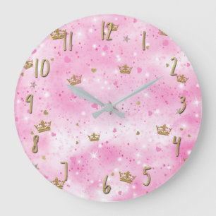 Grande Horloge Ronde Cœurs Étoiles Couronnes Princesse Rose Paillettes 