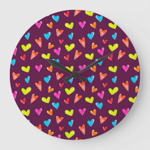 Grande Horloge Ronde Coeurs multicolores : Aquarelle Motif violet.