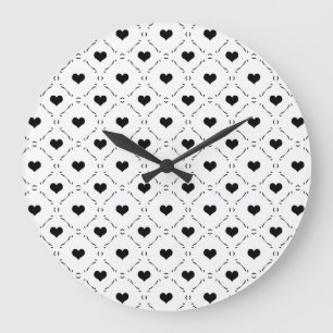 Grande Horloge Ronde Cœurs Noirs Grille Géométrique Minimaliste Coquett