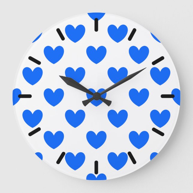 Grande Horloge Ronde Coeurs polka bleu sur blanc (Recto)