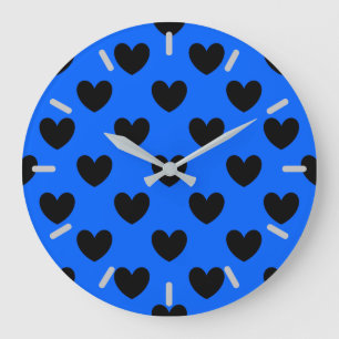 Grande Horloge Ronde Coeurs polka noirs sur bleu