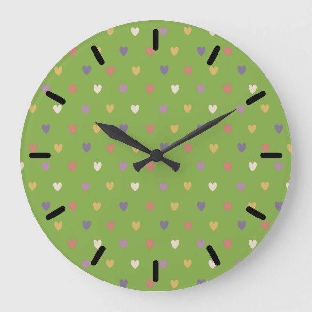 Grande Horloge Ronde Coeurs Polka sur vert vert (Recto)