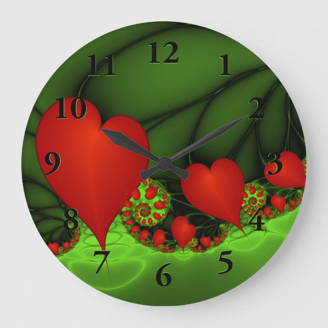 Grande Horloge Ronde Coeurs rouges Lime vert Moderne Art Abstrait fract (Recto)