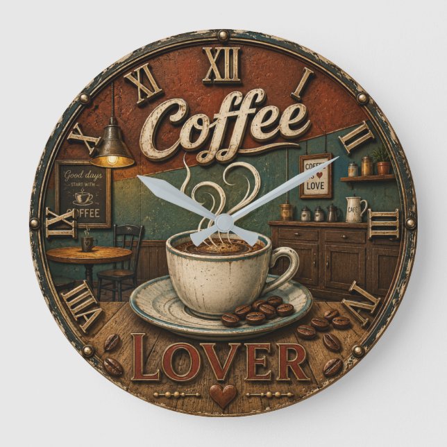 Grande Horloge Ronde Coffee Lover Rustic Shop  (Recto)