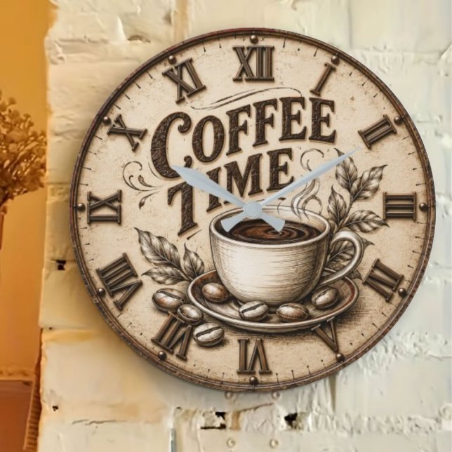 Grande Horloge Ronde Coffee Time Vintage Rustic (Créateur téléchargé)