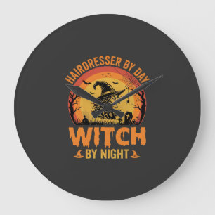 Grande Horloge Ronde Coiffeur de jour sorcière de nuit Design Halloween