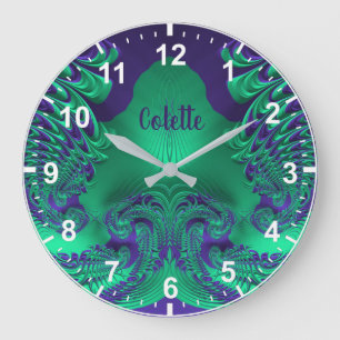 Grande Horloge Ronde COLETTE ~ WOW! Motif fractal vert et pourpre ~