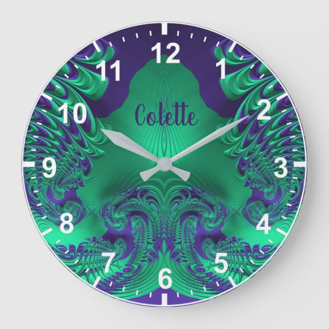 Grande Horloge Ronde COLETTE ~ WOW! Motif fractal vert et pourpre ~ (Recto)