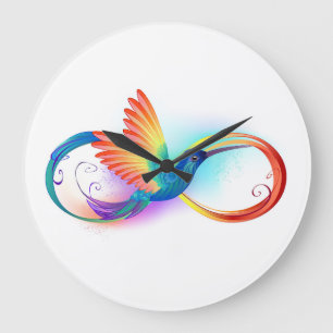 Grande Horloge Ronde Colibri arc-en-ciel avec symbole d'infini