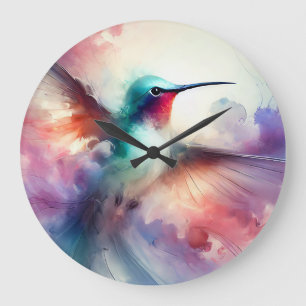 Grande Horloge Ronde Colibri gracieux en aquarelle