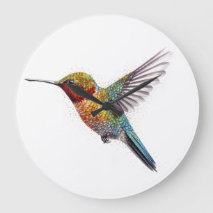 Grande Horloge Ronde Colibri volant coloré pointillisme aussi
