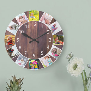 Grande Horloge Ronde Collage de 12 photos personnalisées en bois rond c
