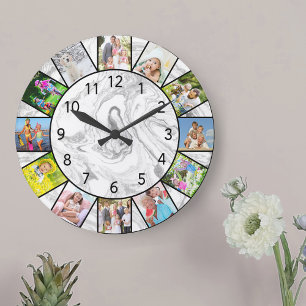 Grande Horloge Ronde Collage de 12 photos personnalisées en marbre gris