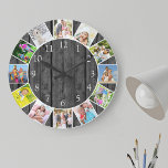 Grande Horloge Ronde Collage de 12 photos personnalisées Gris Bois rond<br><div class="desc">Créez votre propre horloge murale unique. Le modèle photo est configuré pour vous permettre d'ajouter 12 de vos photos préférées. Ajoutez vos images qui fonctionnent dans le sens des aiguilles d'une montre et changez-les pour obtenir le look que vous voulez. Ce design en bois noir et gris foncé a des...</div>