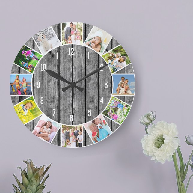 Grande Horloge Ronde Collage de 12 photos personnalisées Gris Bois rond (Photo clock with 12 photos, one at each hour. Great design for your home or a thoughtful photo gift.)