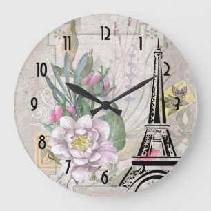 Grande Horloge Ronde Collage de fleurs vintages et Illustration de la t