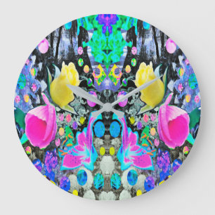 Grande Horloge Ronde Collage de lys Stargazer, rose et hibiscus rose