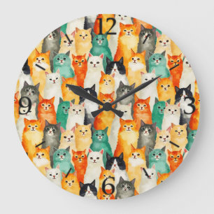 Grande Horloge Ronde Collage de motif de chats à l'aquarelle