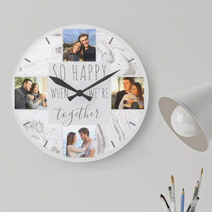 Grande Horloge Ronde Collage de photos Citation Heureux Ensemble Marbre