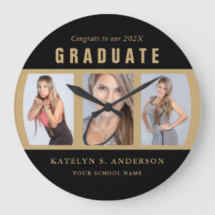 Grande Horloge Ronde Collage de photos de diplôme Félicitations Noir et