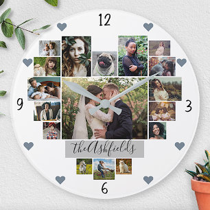 Grande Horloge Ronde Collage de photos de famille Cœurs 17 photos Nom B