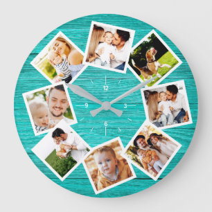 Grande Horloge Ronde Collage de photos de famille Rustique Chic Ferme T