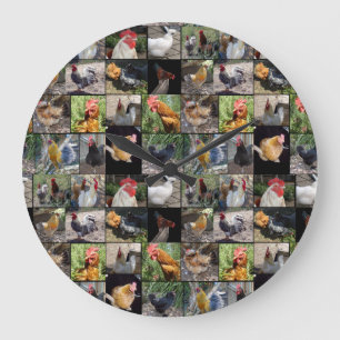 Grande Horloge Ronde Collage De Photos De Poulets Et De Coqs,